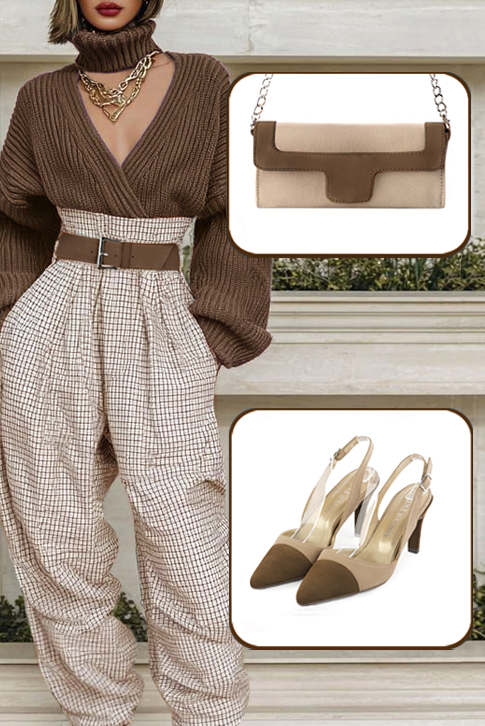 Women's chocolate brown and tan beige elegant slingback heels. Tapered toe. High slim heel - Worn view